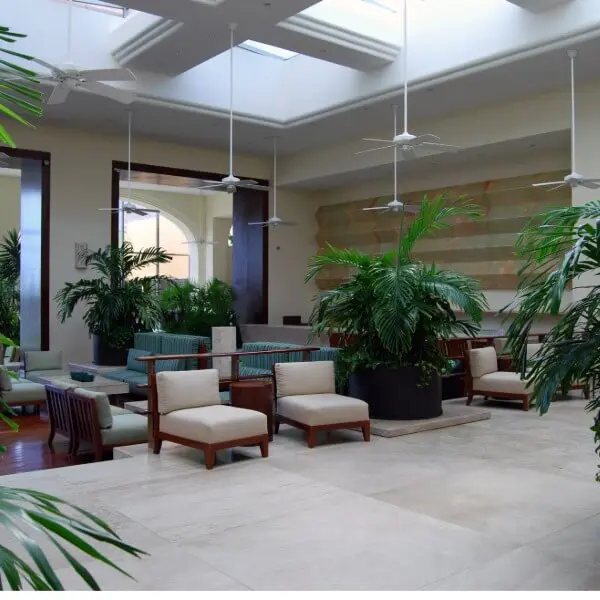 Modern, high-ceiling commercial atrium featuring lush indoor greenery and clean neutral walls—expertly finished by specialists in commercial painting in Addison, MI.